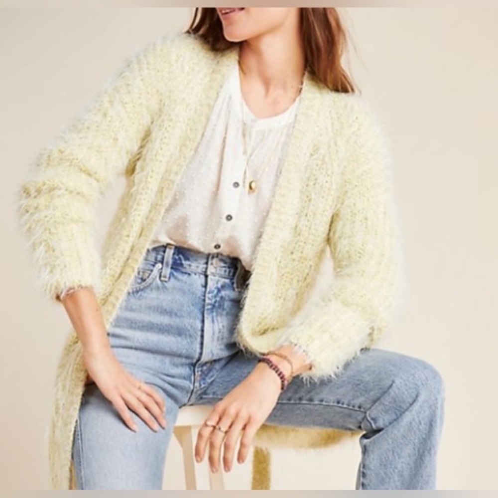 Anthropologie Larkin Yellow and Silver Metallic Fuzzy Cardigan - Size S